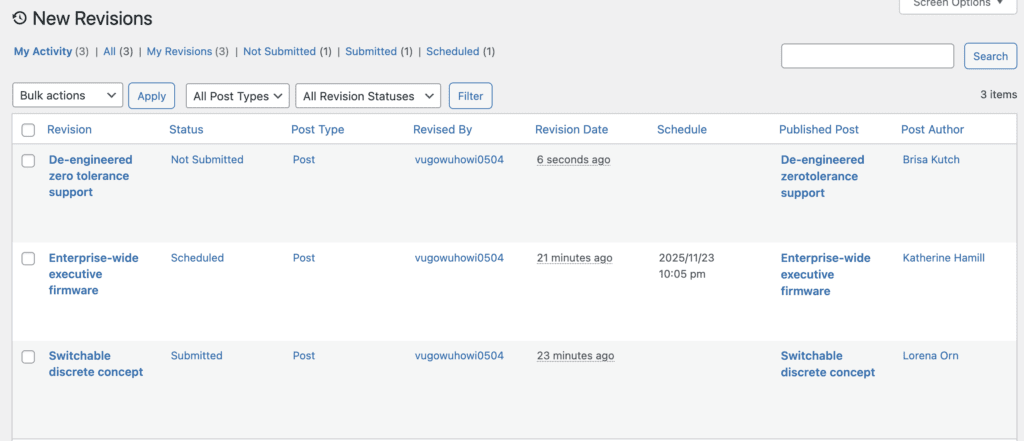 New Revisions screen
