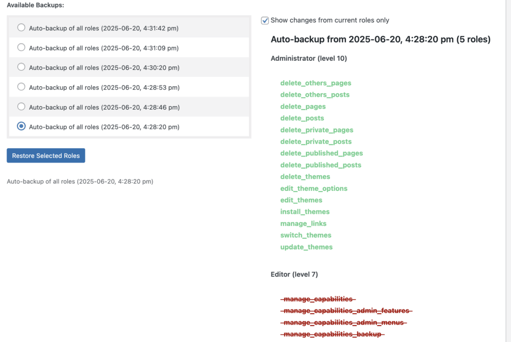 Auto-backup of WordPress Capabilities