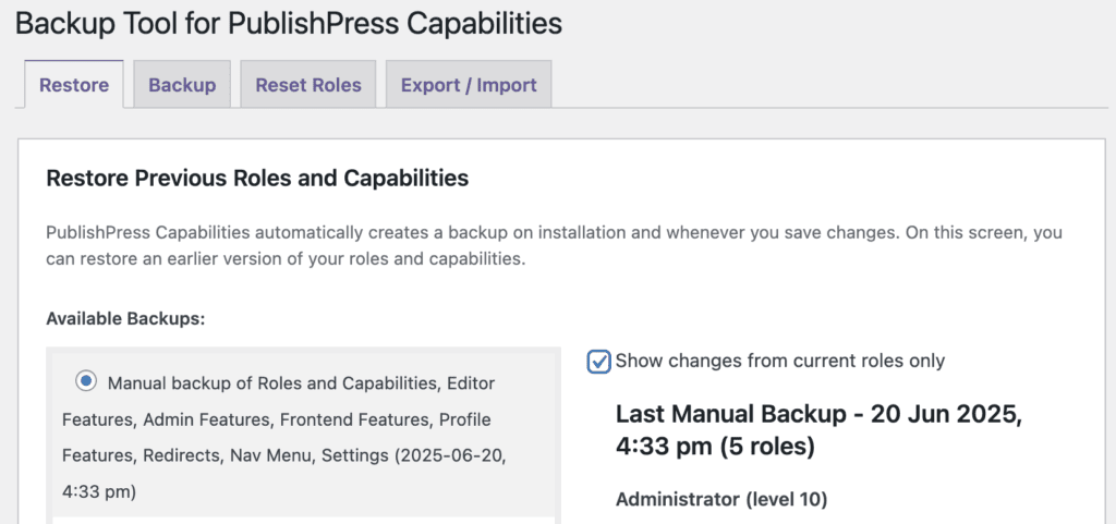 Restore manual backup of capabilities