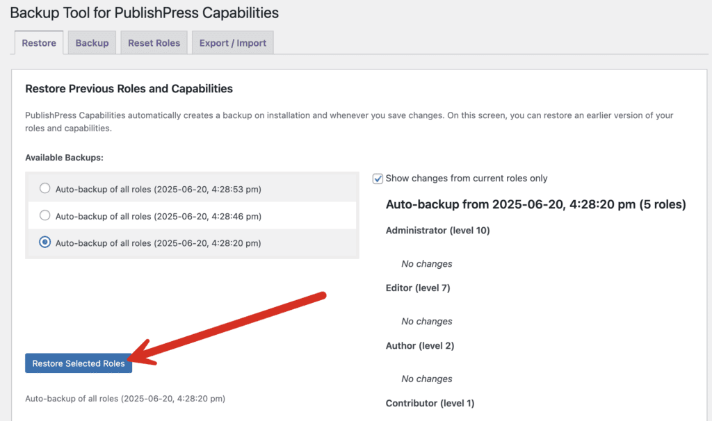 Restore roles fro Auto-backup of WordPress Capabilities