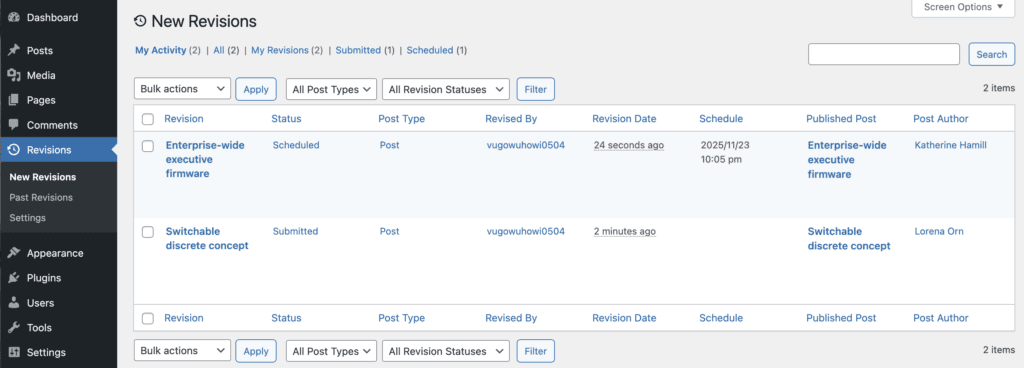 New Revisions screen