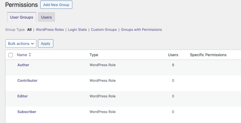 Permissions screen in WordPress