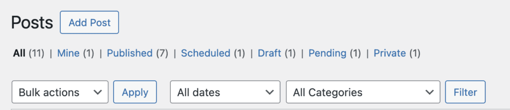 Post screen with Statuses filters