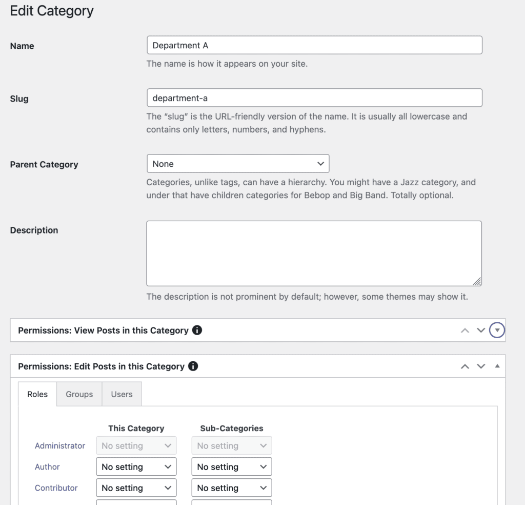Permissions for a Category