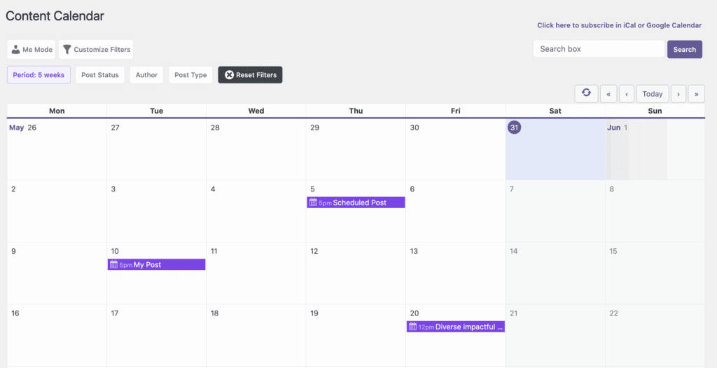 Content Calendar screen