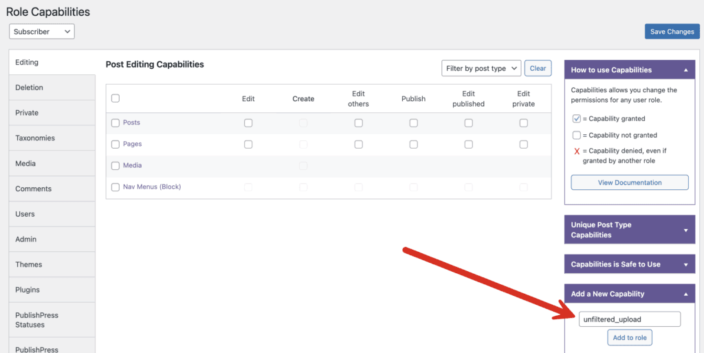 control who has the unfiltered_upload permission