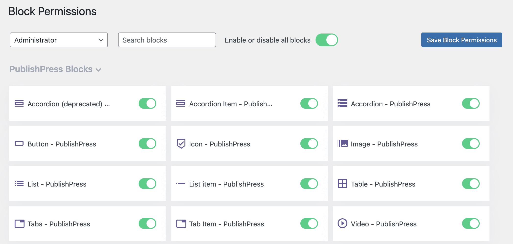Block Permissions screen