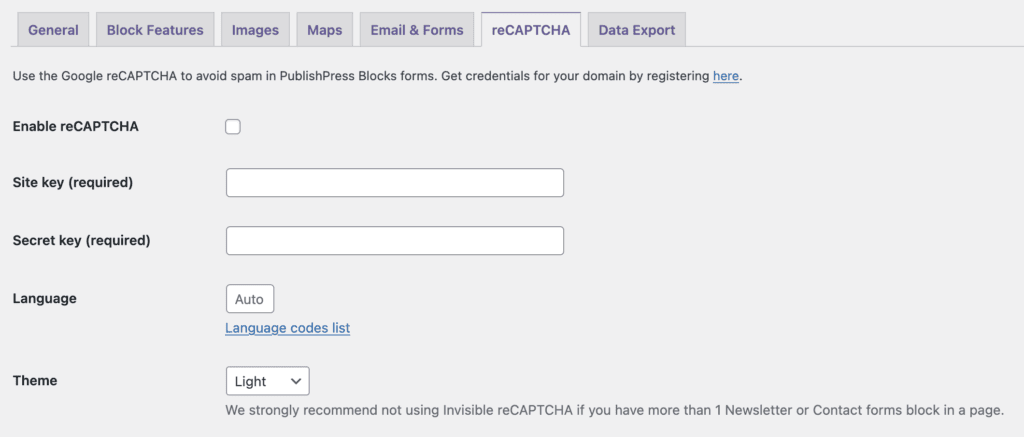 Recaptcha settings