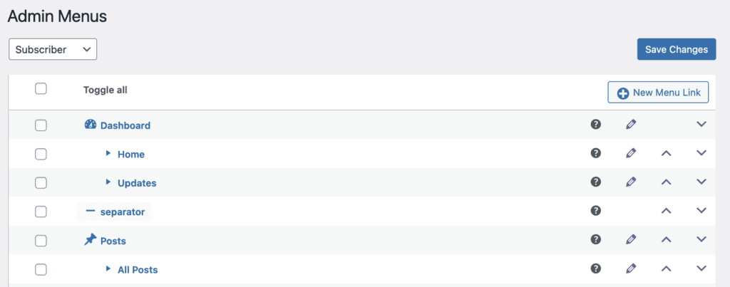 The Admin Menus screen