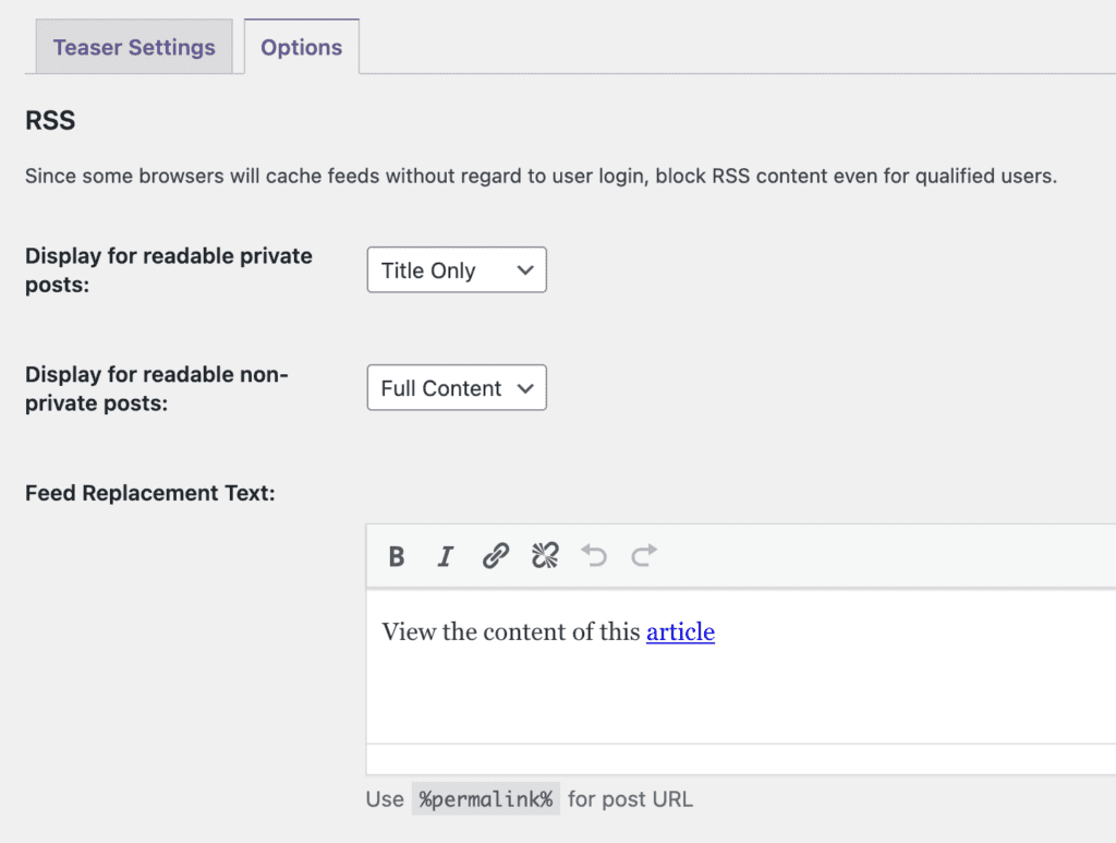RSS teaser options
