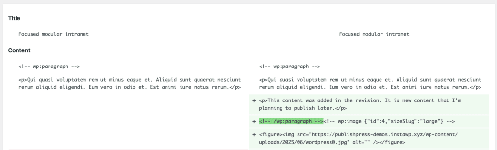 PublishPress Revisions Pro and Elementor in the Compare screen