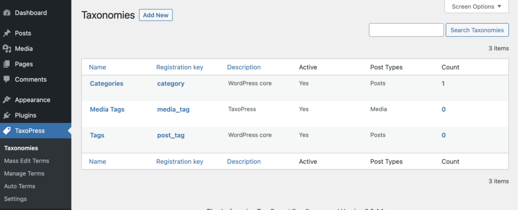 TaxoPress Taxonomies screen