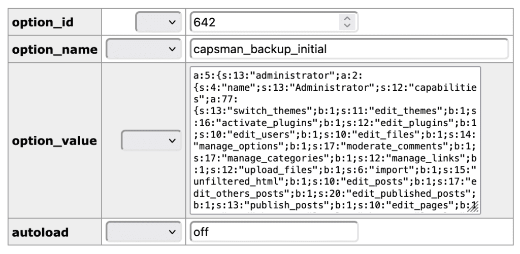 WordPress Capabilities back in database row