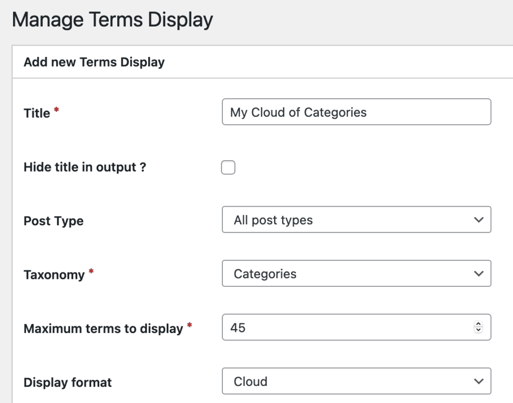 Settings for a terms display