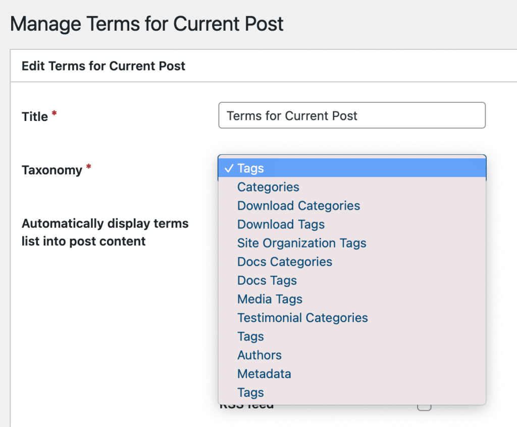 The Terms for Current Post settings in TaxoPress