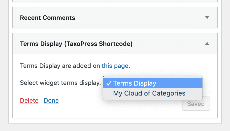 Widget display for a Tag Cloud