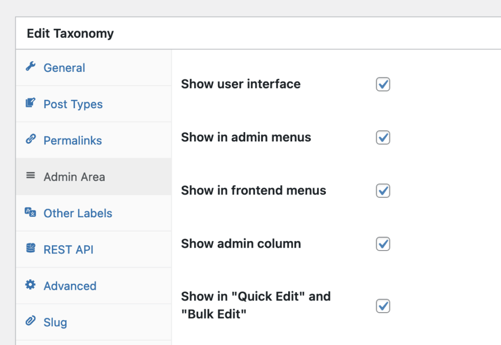 Admin Area taxonomy settings