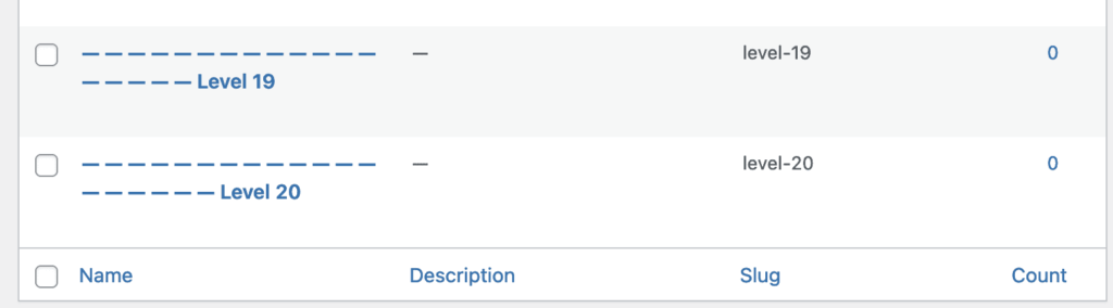 Categories screen for WordPress subcategories