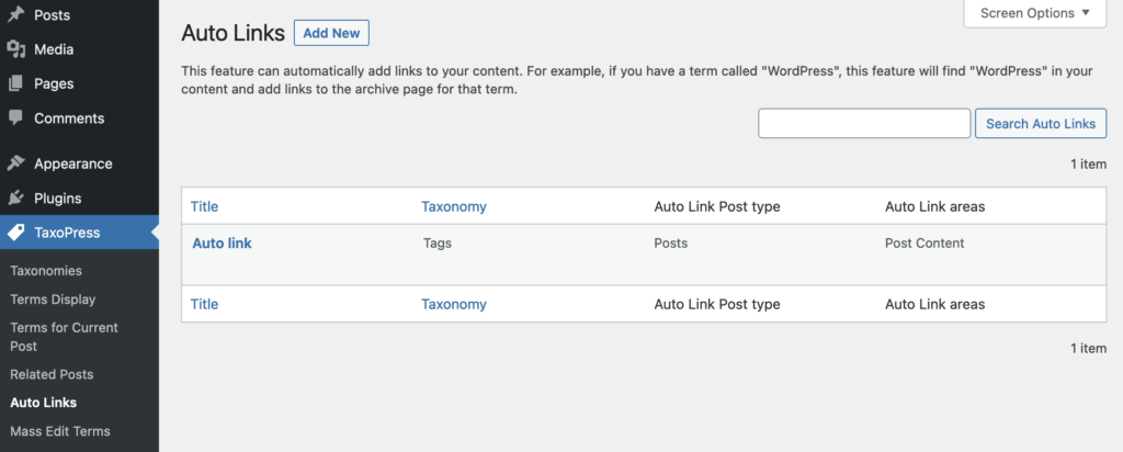 Auto-Links screen in TaxoPress