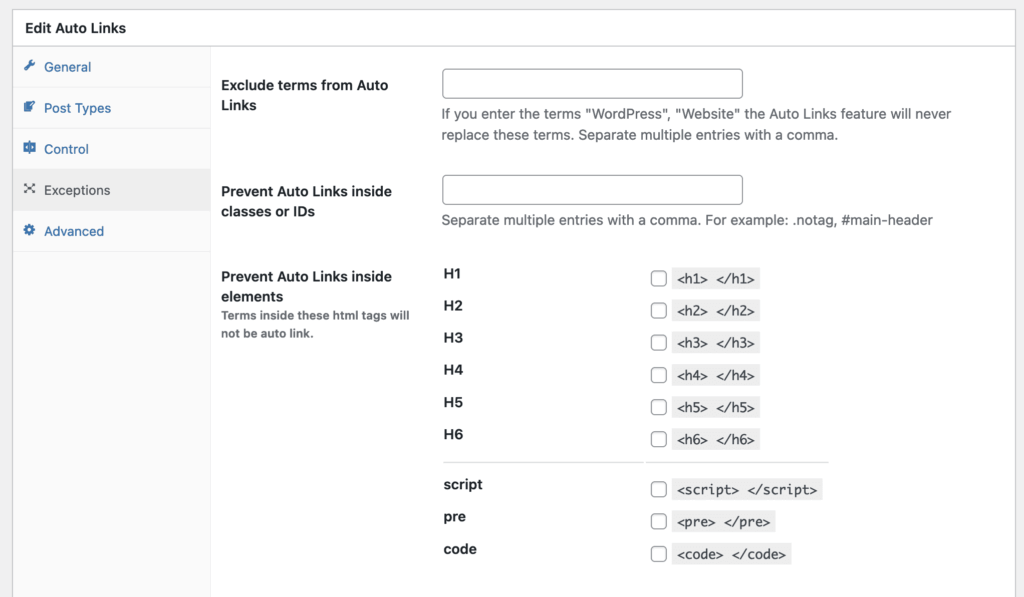 Auto-Links exceptions options