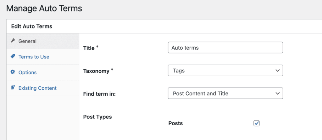 Auto Terms screen in TaxoPress