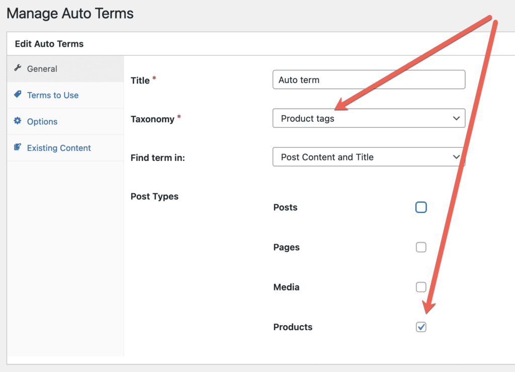 Auto Terms options for post types and taxonomy terms