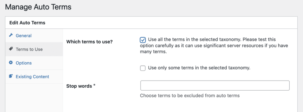 Terms to Use setting