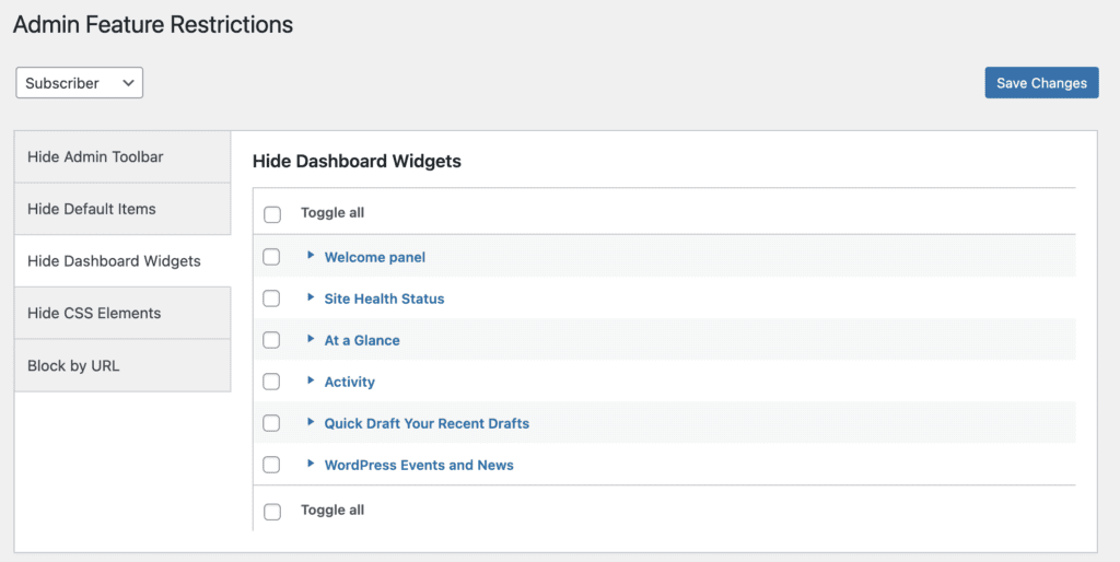Hide dashboard widgets