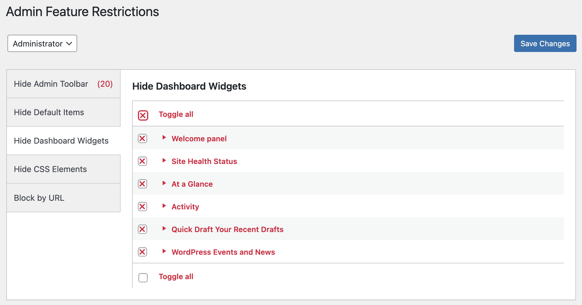 Hide dashboard widgets