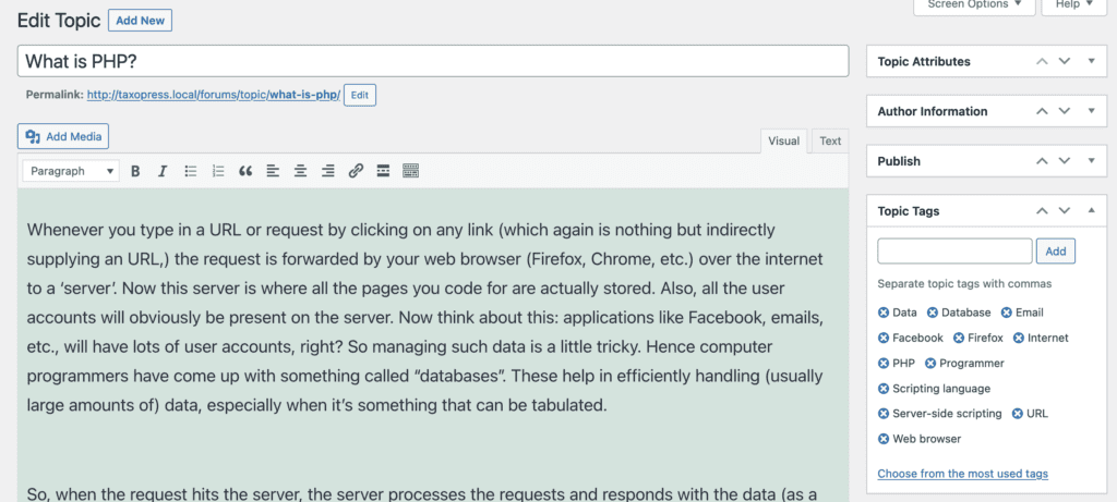A bbPress post with terms from a tag generator