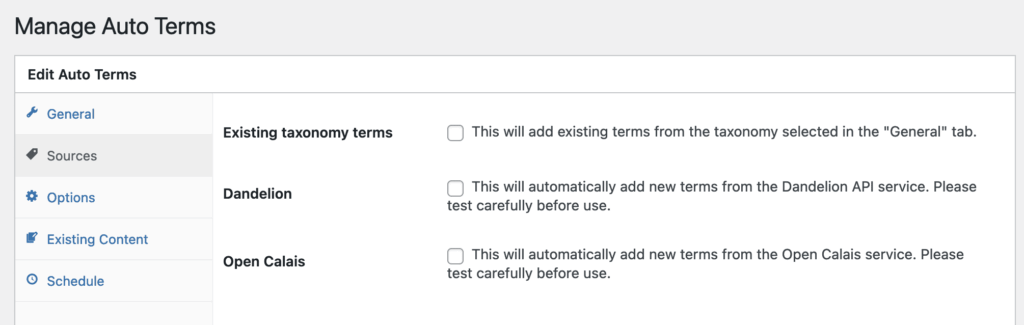 Manage Auto Terms options