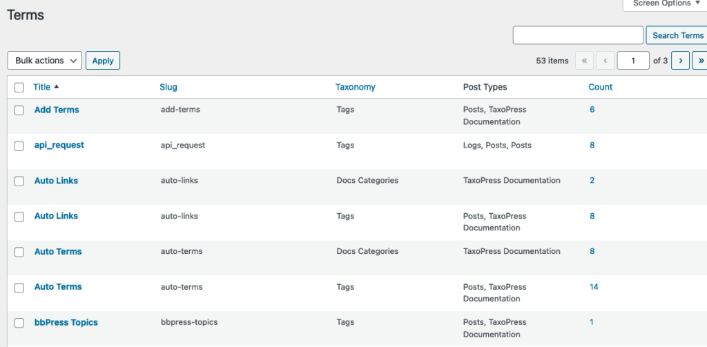 TaxoPress Terms screen