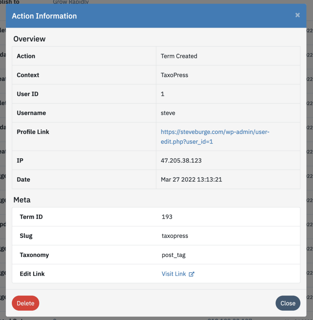 Logtivity detailed term log
