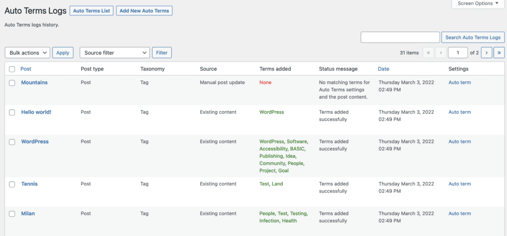 Auto Terms new logs