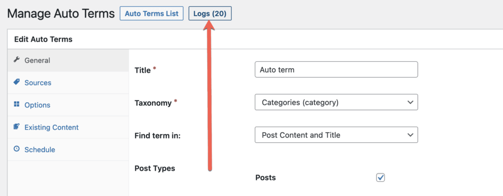 Auto Terms new Logs button