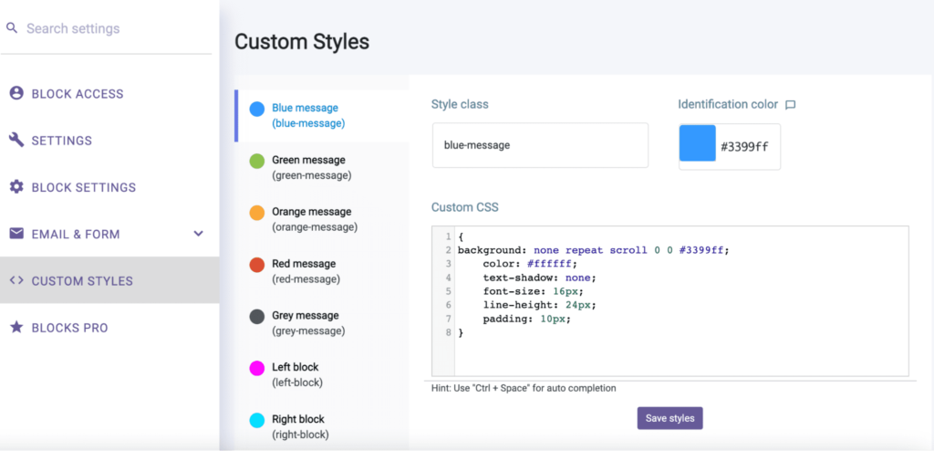 custom CSS styles for blocks