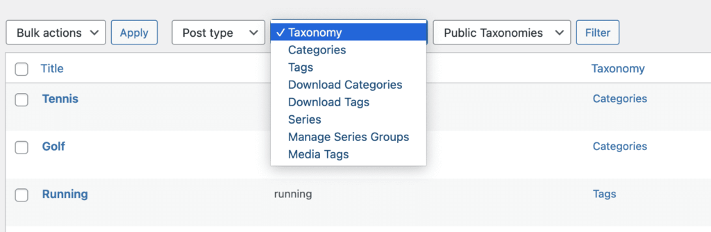 Filters on the TaxoPress Terms Screen