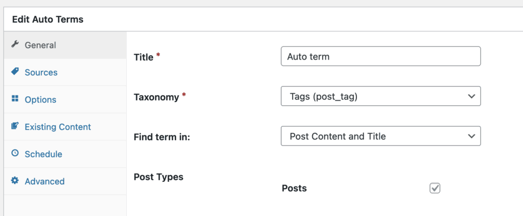 Auto Terms settings in WordPress