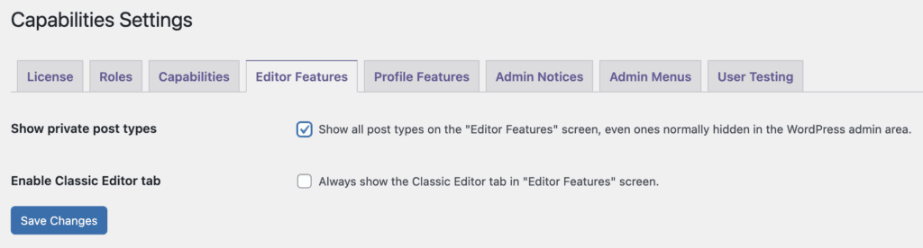 Editor Features settings in PublishPress Capabilities