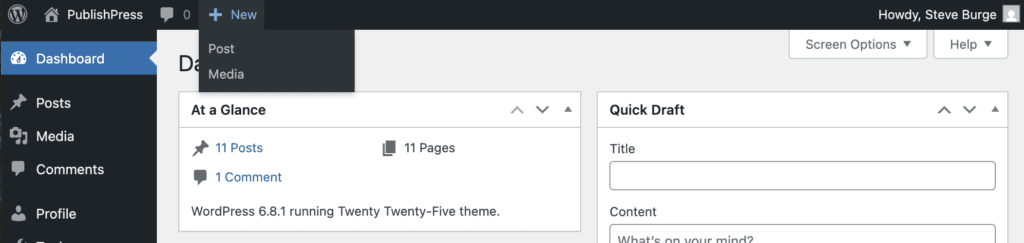 options in WordPress toolbar for Authors