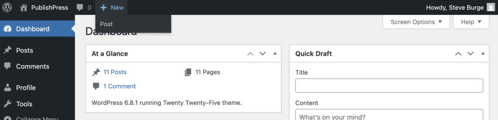 options in WordPress toolbar for Contributors