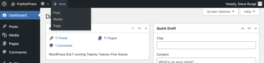 options in WordPress toolbar for Editors