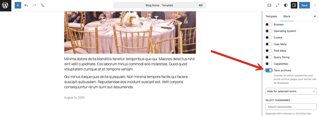 Term archives block control