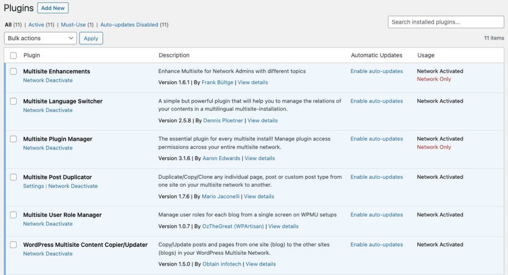 Multisite plugins screen