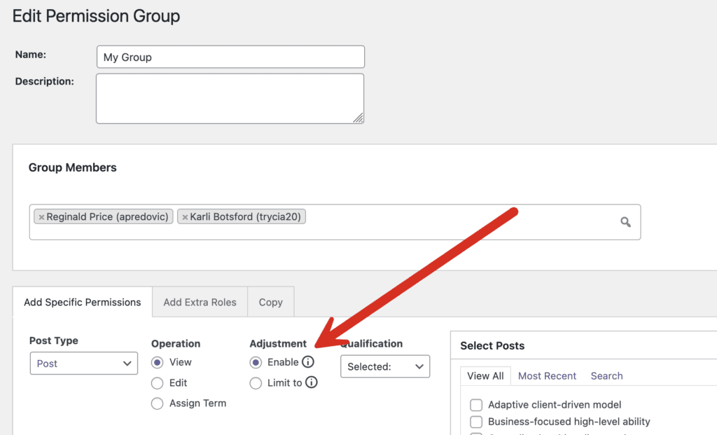 Adjustment options for a custom group