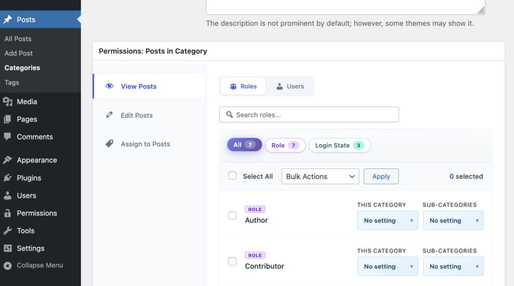 Viewing permissions for category