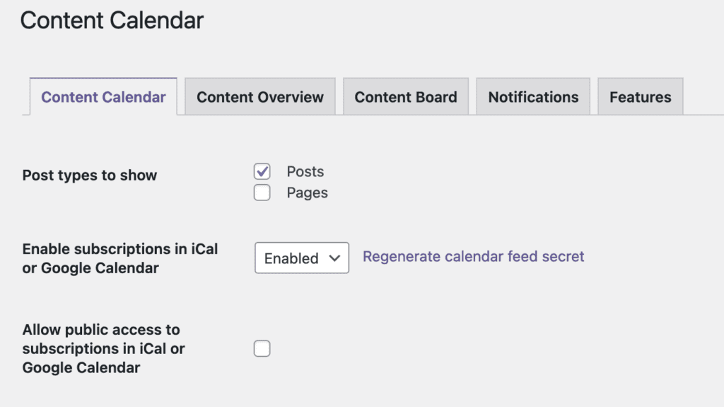 Content Calendar settings