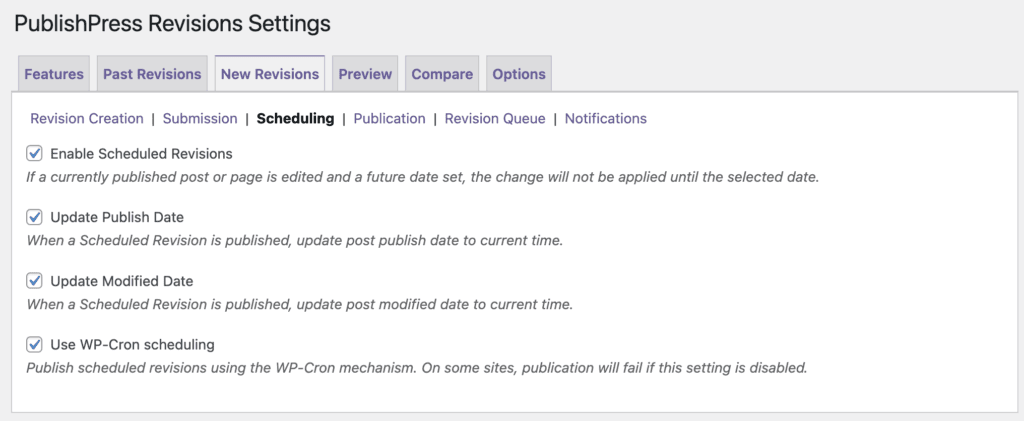 New Revisions settings