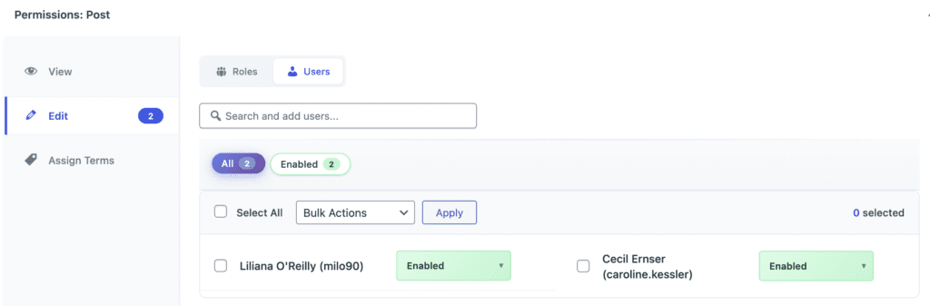 Editing permissions for a user on a post