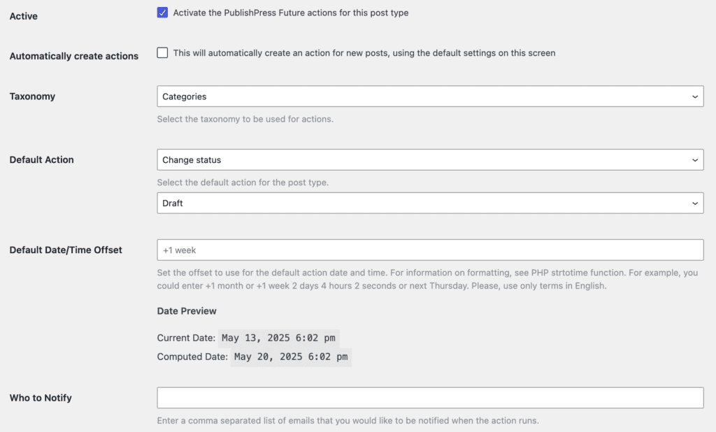 Default actions in PublishPress Future
